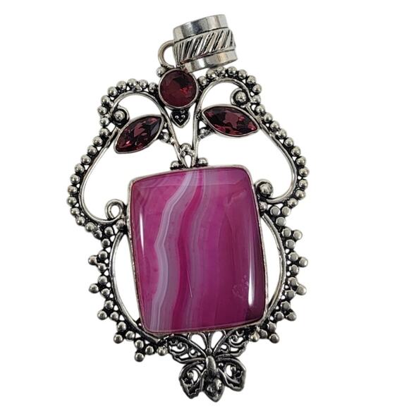 Handmade Silver Pendant Necklace with Pink Banded Agate & Garnet Accents - Picture 1 of 10